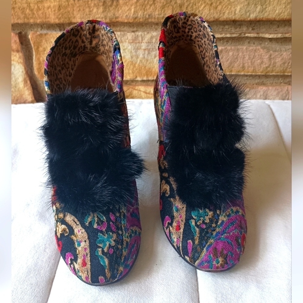 Baci Colorful Patterned Victorian Style Ankle Boots with Black MINK Fur Trim_6 - Picture 4 of 7